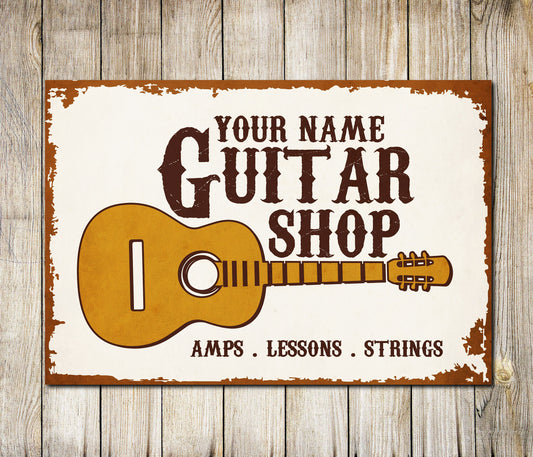 PERSONALISED Vintage Guitar Shop, Farmhouse Wall Sign Decor Metal Plaque 0635