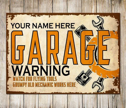 PERSONALISED Auto Mechanic Garage Flying Tools Signs Wall Decor Metal Plaque 0644