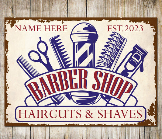 PERSONALISED Barber Shop Metal Retro Sign Hairdresser Decor Wall Art Plaque 0649