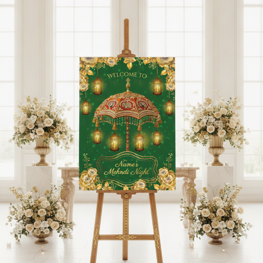 A vertical wedding sign on a wooden easel in a bright, elegant hall. The sign features a dark green background with a gold and red decorative umbrella, hanging lanterns, and gold ornamental borders, with the text 'WELCOME TO Name's Mehndi Night'.