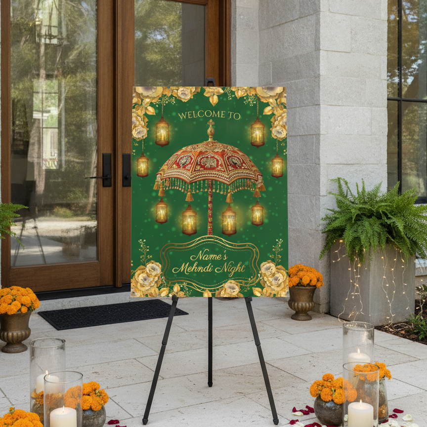 A personalized wedding sign for an Indian 'Mehndi Night' displayed on a black easel on a stone patio. The sign features a dark green background with a golden ornate umbrella, hanging lanterns, and gold floral borders.