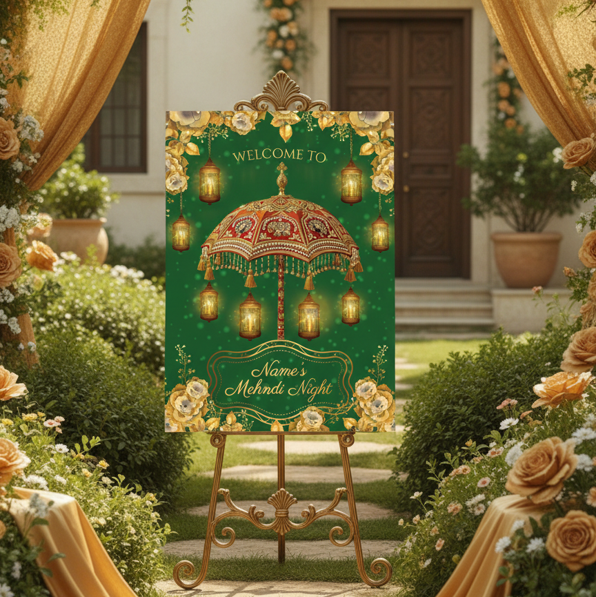 A personalized wedding sign for a Mehndi night displayed on an ornate gold easel in a beautifully decorated garden courtyard. The sign features a dark green background with a golden traditional umbrella, hanging lanterns, and gold floral borders.