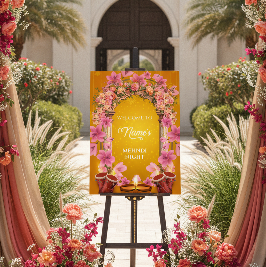 A decorative wedding sign on an easel in a garden courtyard. The sign has a golden-yellow background with pink and orange floral arches and reads 'Welcome to Name's Mehndi Night.