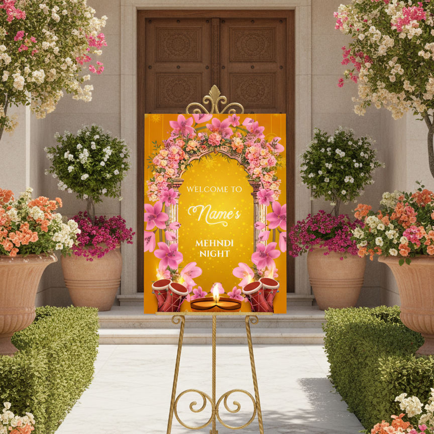 A decorative wedding sign on a gold easel stand, featuring a pink floral arch and orange background with the text 'Welcome to Name's Mehndi Night'. The sign is displayed in a beautifully landscaped garden courtyard with potted flowers, trimmed hedges, and a stone pathway.
