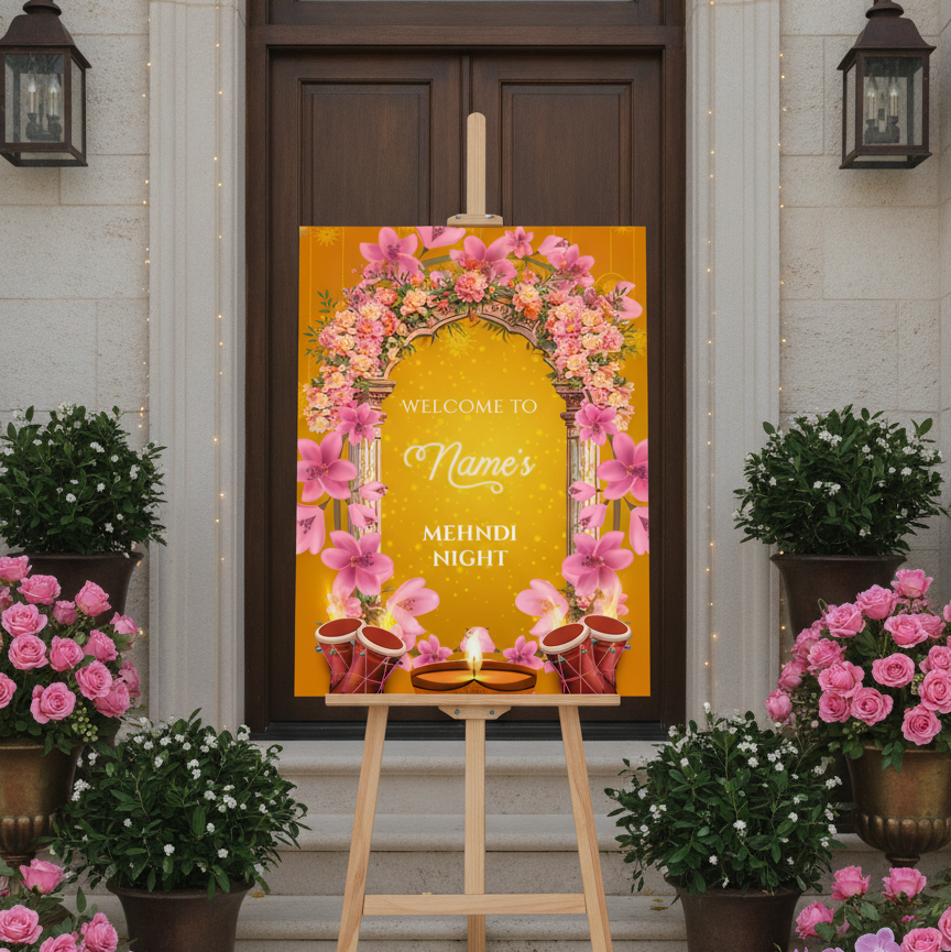 A personalized Mehndi night sign with a golden background, pink floral arch, and lit diya candles, displayed on a wooden easel in front of a building entrance decorated with potted pink flowers.