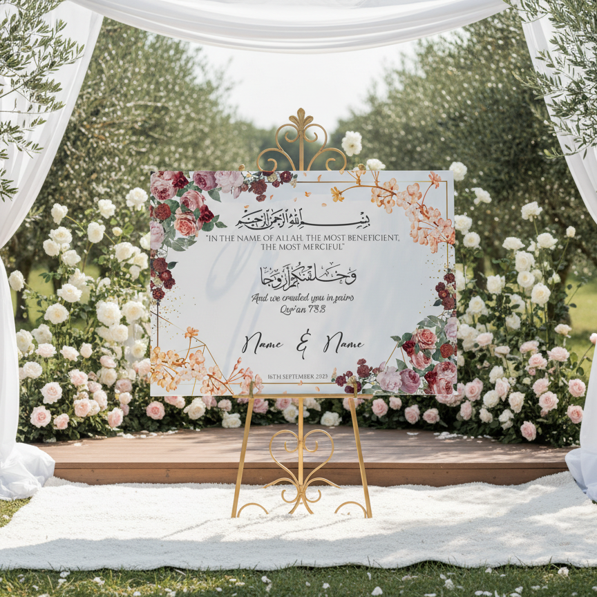 Decorative wedding backdrop with floral design and text on a stand, surrounded by flowers outdoors.