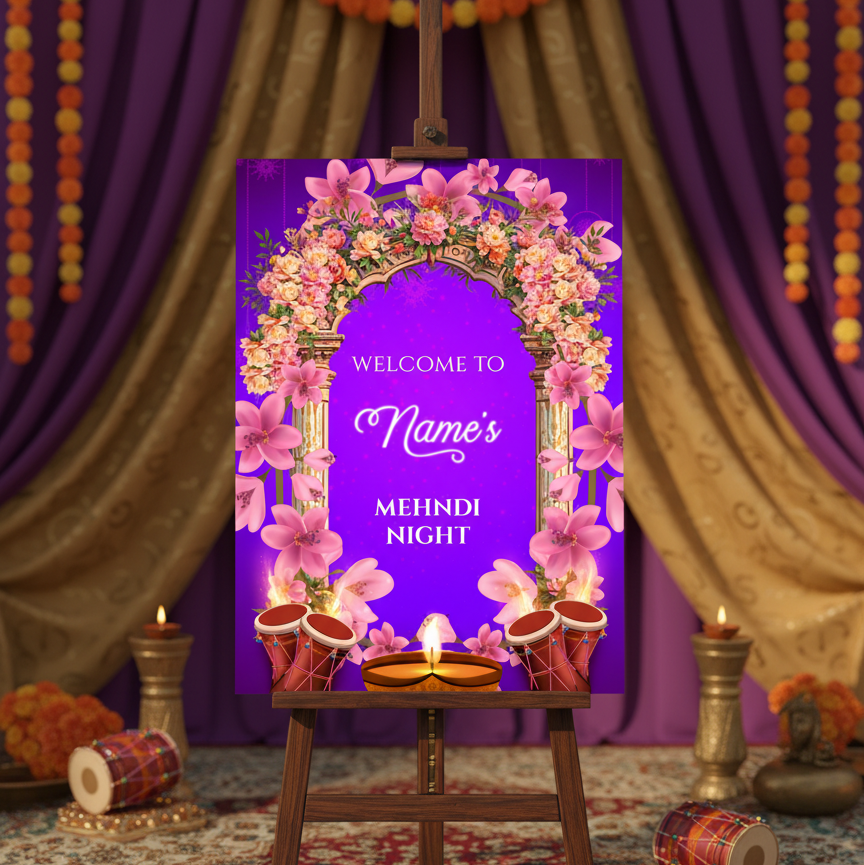 Decorative setup for a Mehndi night with a purple backdrop, floral arch, and lit candles.