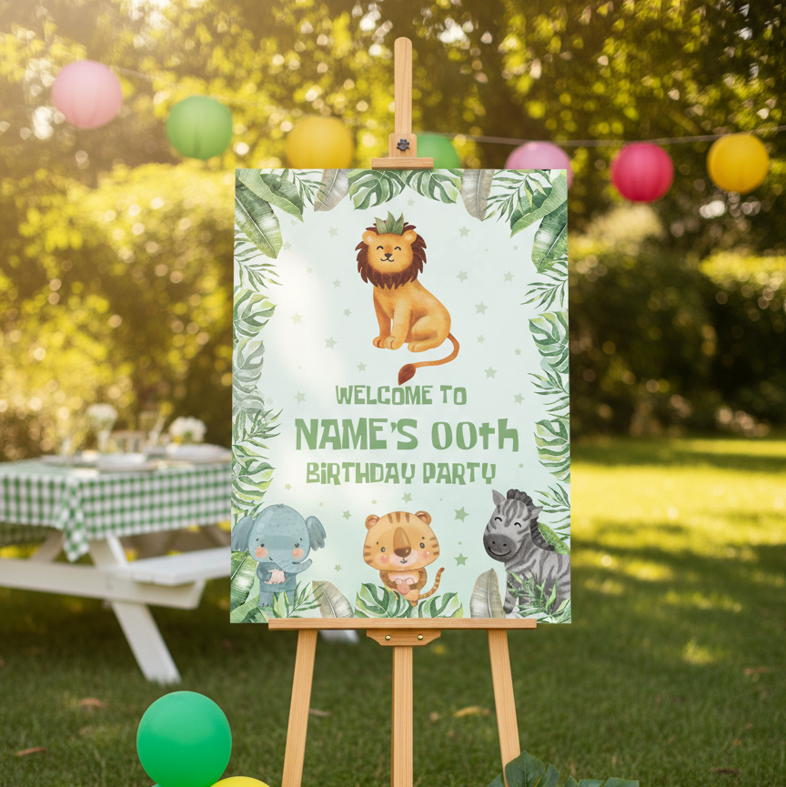 Birthday party setup with a sign on an easel, balloons, and a tablecloth in a garden.