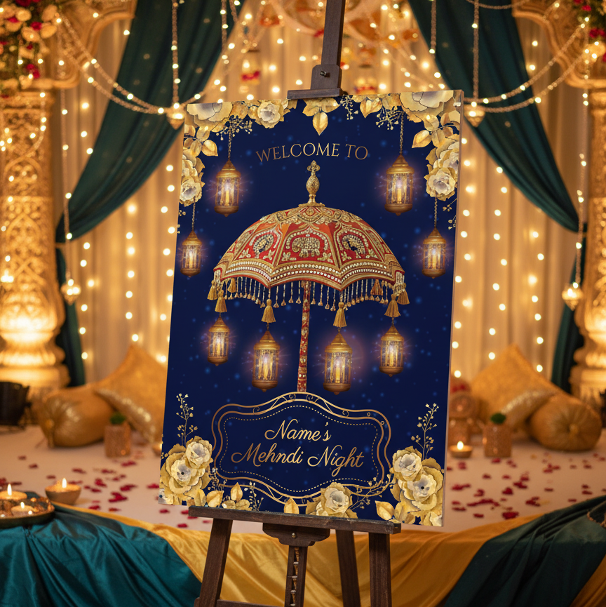 Decorative sign for a Mehndi Night event with an ornate umbrella design on a stand.