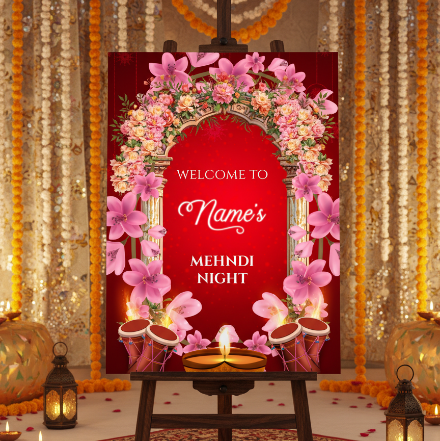 Decorative sign for a Mehndi night with floral arch and candles on a stand.