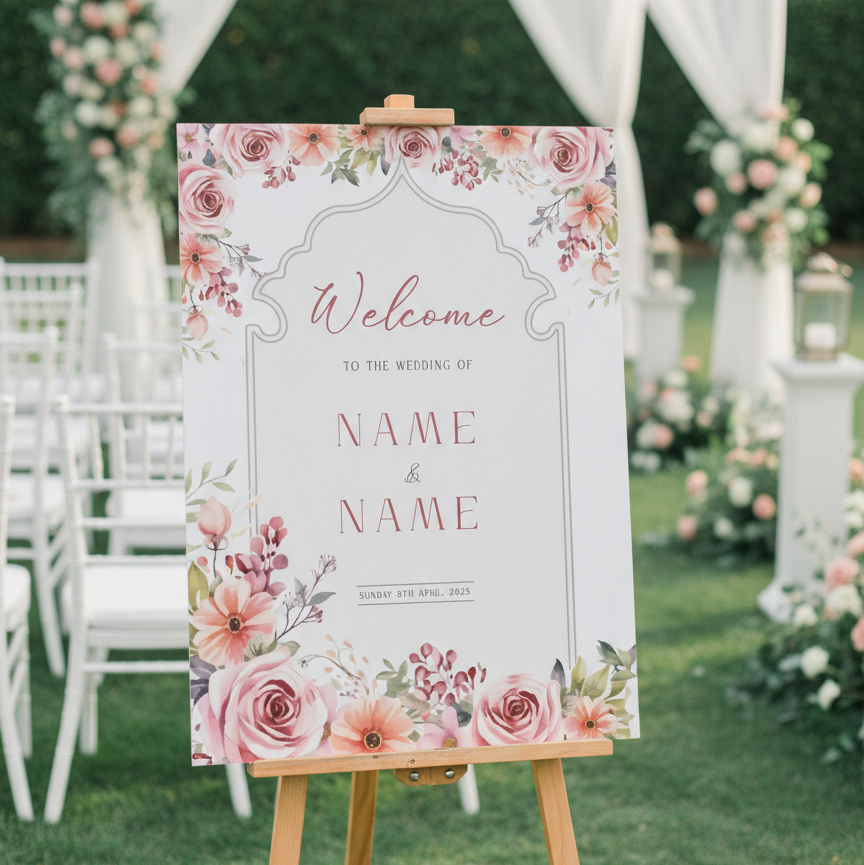 Floral welcome sign for a wedding ceremony with an arch and chairs in the background.
