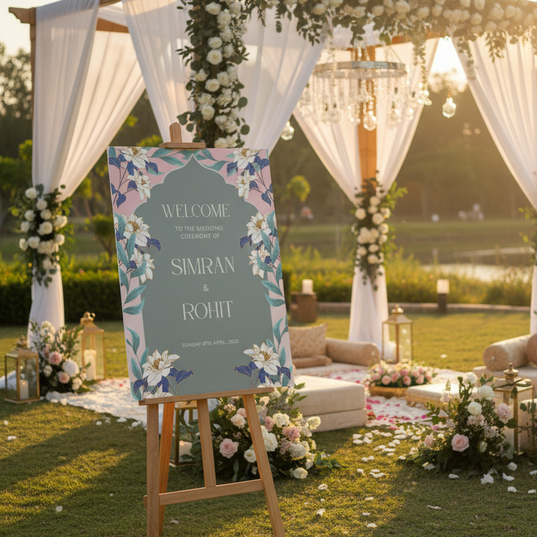 Decorated outdoor wedding setup with floral arch and welcome sign.