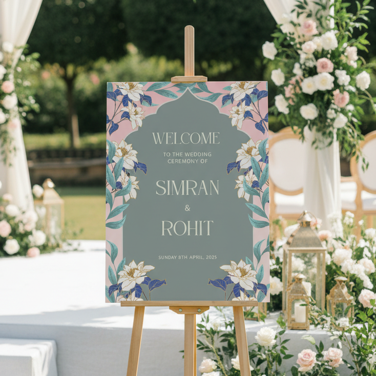 Decorative welcome sign for a wedding with floral arch and chairs in the background