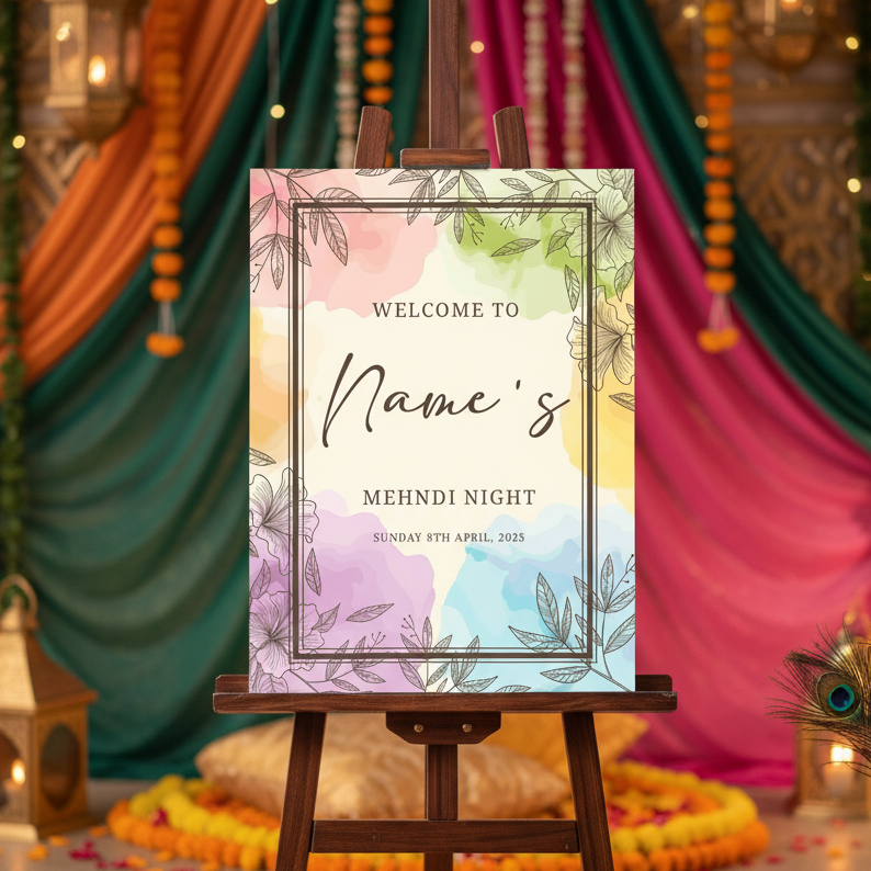 Decorative setup with a 'Welcome to Name's Mehndi Night' signboard in front of colorful drapes.