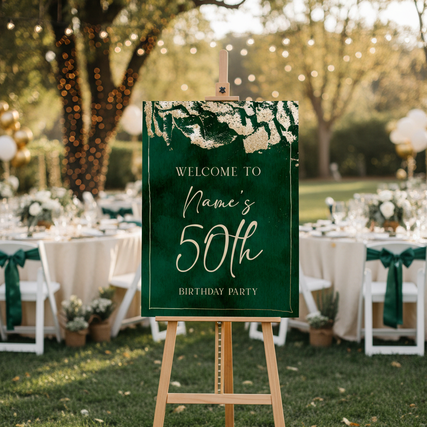 Decorative sign for a 50th birthday party in an outdoor setting with tables and decorations.