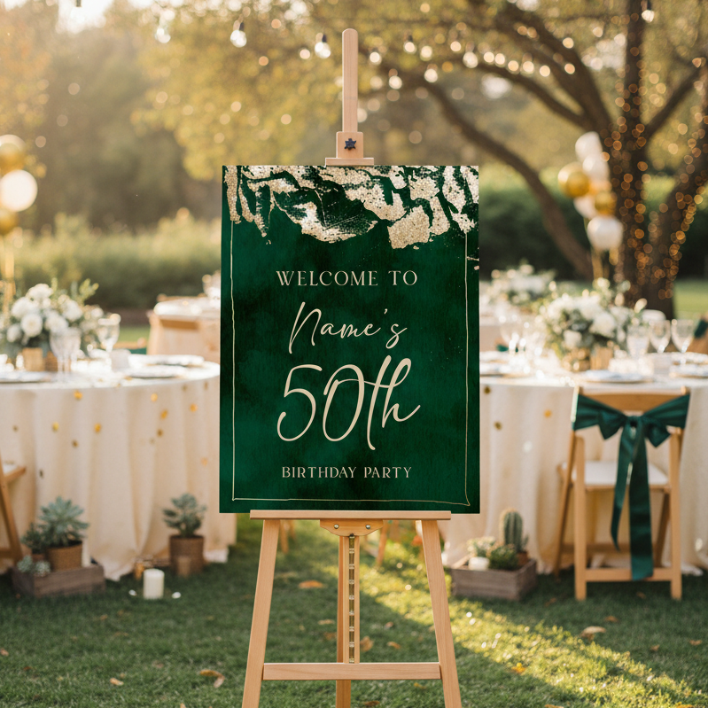 Green birthday party sign on an easel with outdoor tables and decorations.
