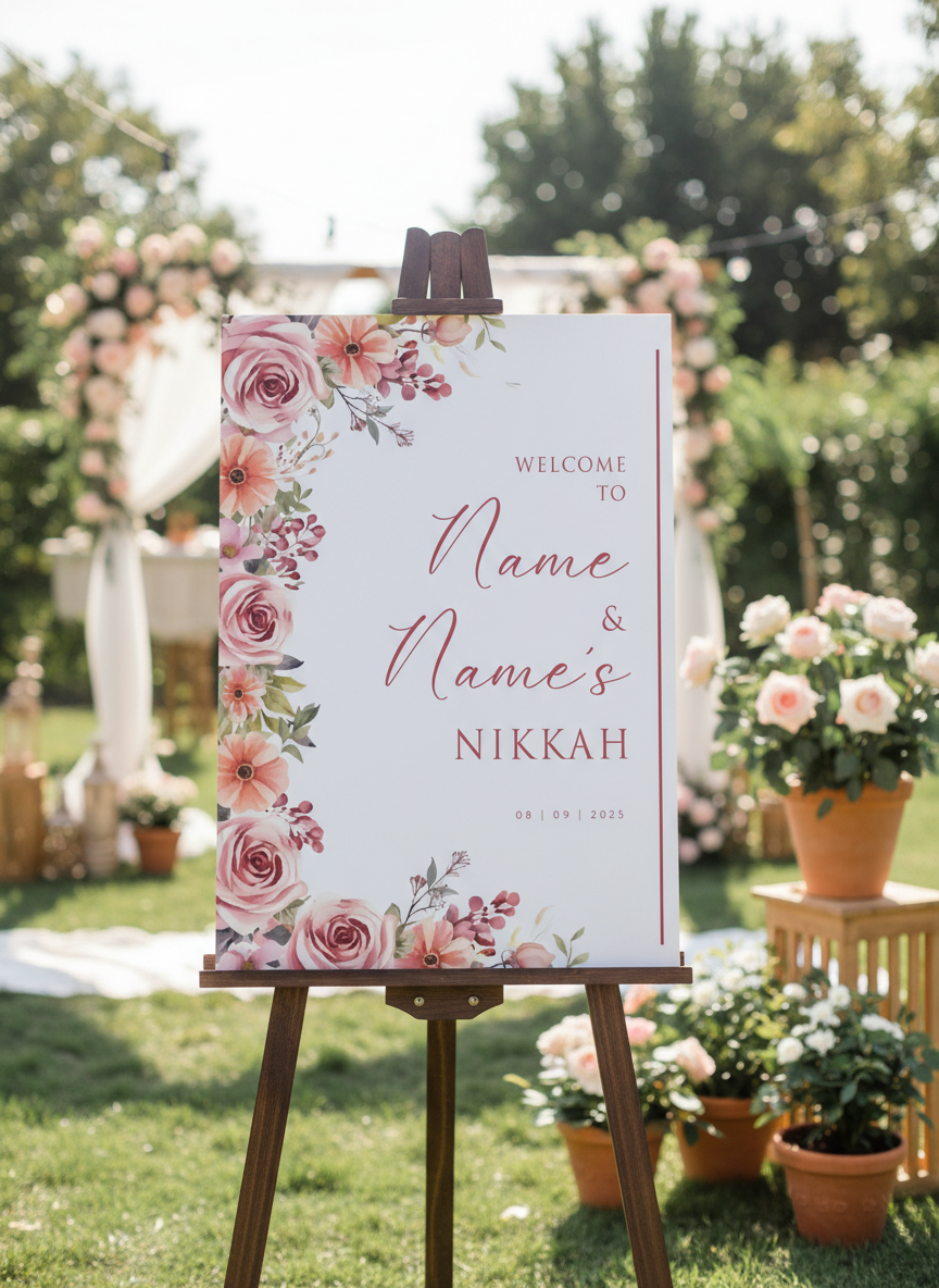Decorative sign with floral design and text on an easel outdoors.