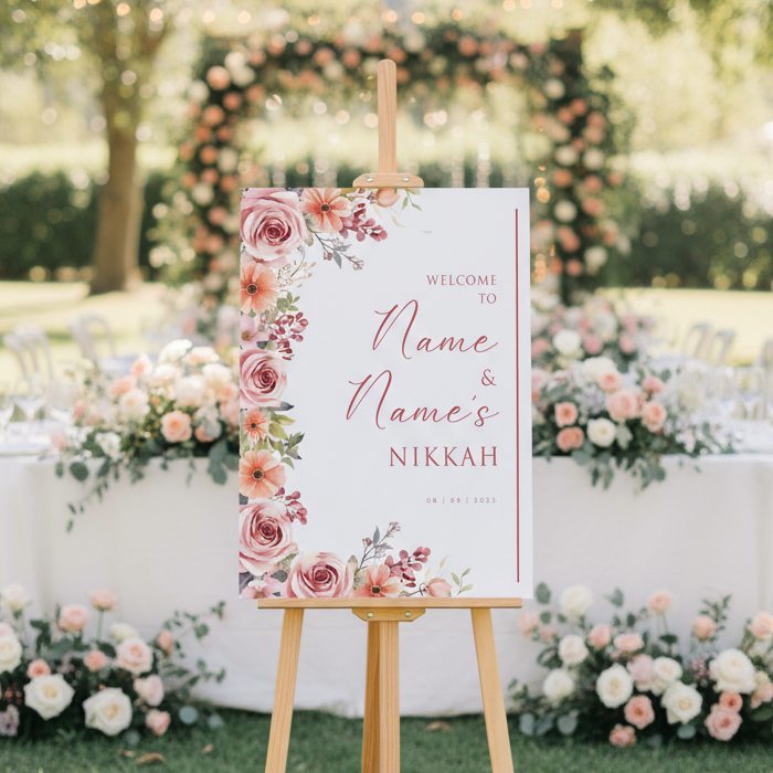 Decorative sign with floral design on a stand outdoors, surrounded by flowers and tables.