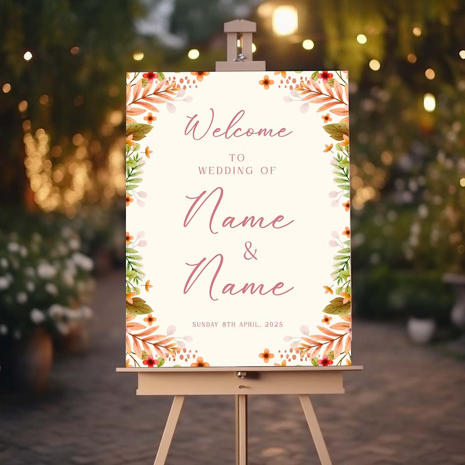 INDIAN FLORAL Welcome Sign, Printed Sign A1 A2 A3 A4, Welcome Sign, Traditional Design, Personalised Wedding Welcome Sign