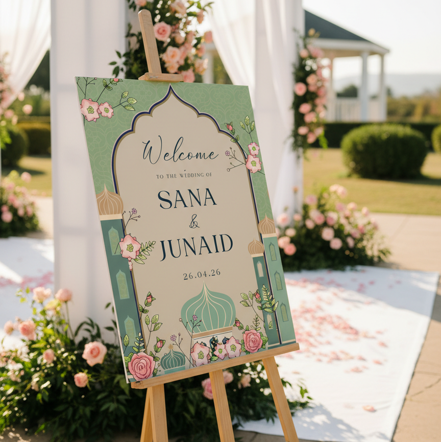 Wedding welcome sign on an easel with floral decorations and a wedding arch in the background.