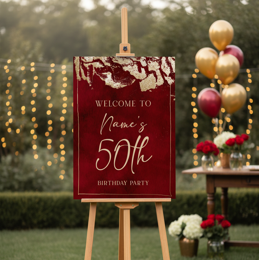 Birthday party welcome sign on an easel with balloons and decorations in the background