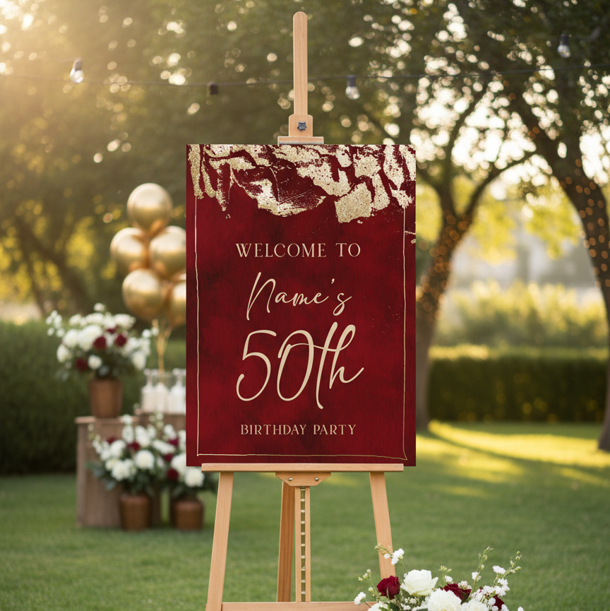 Red birthday party sign on an easel outdoors with balloons and flowers.