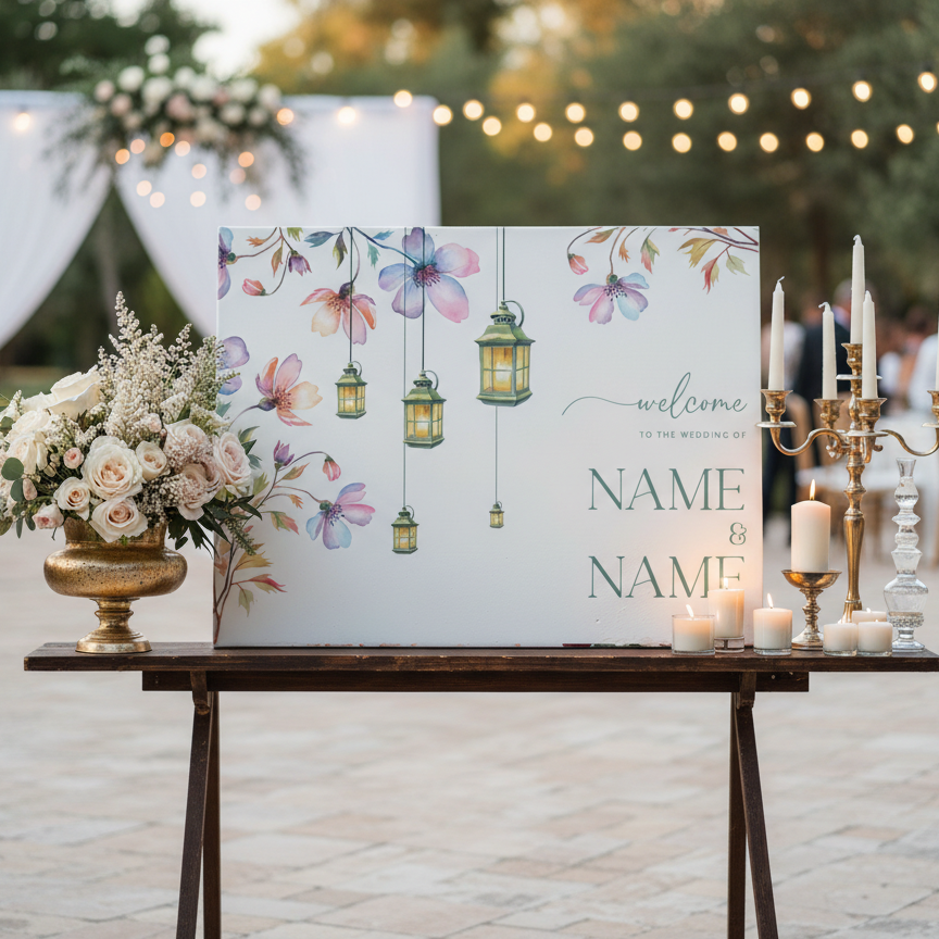 Floral Wedding Welcome Sign, Hanging Lanterns Wedding Décor, A1, A2, A3 or A4, Wedding Welcome Board