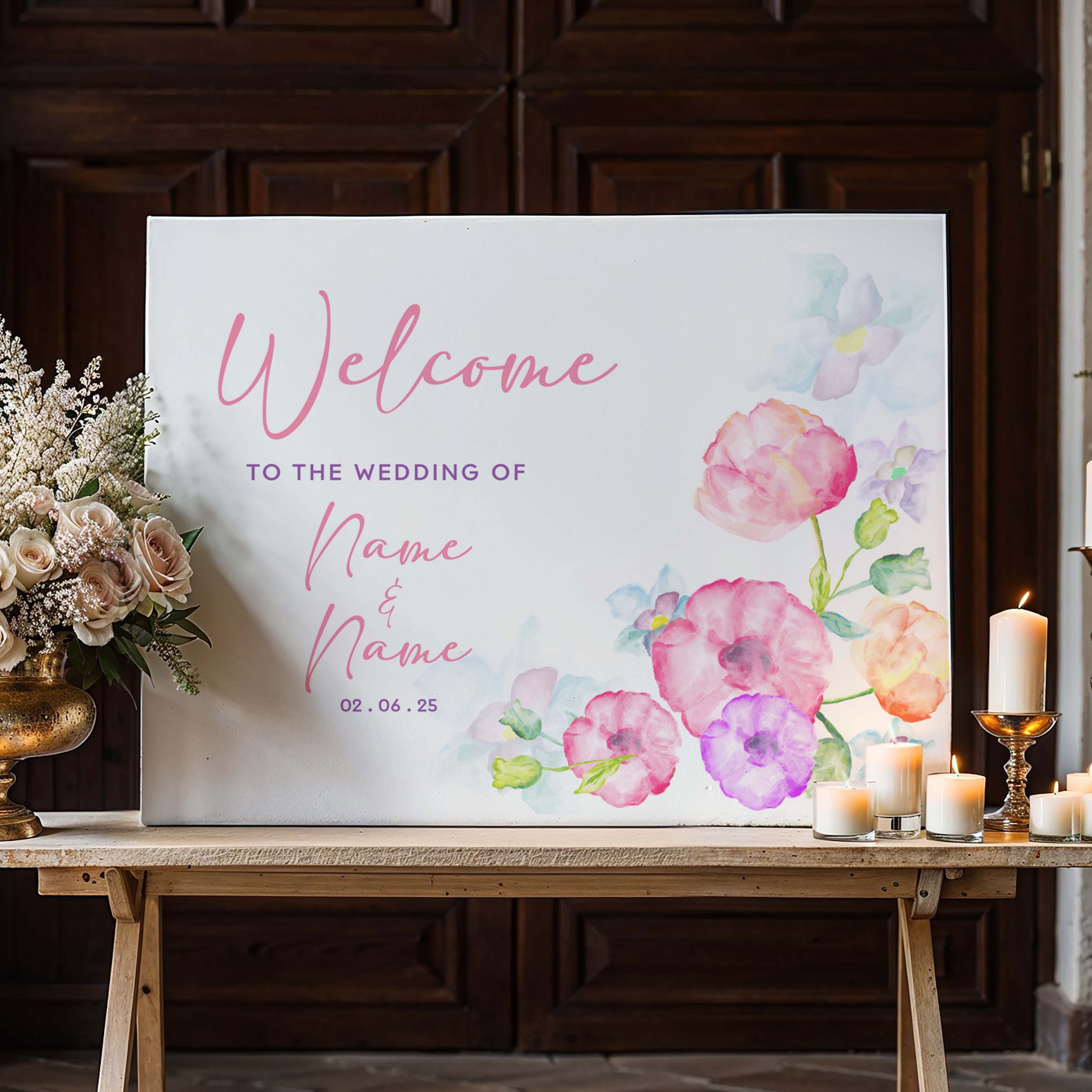 PINK FLORAL Welcome Sign, Printed Sign A1, A2, A3, A4, Welcome Sign, Personalised Wedding Welcome Sign