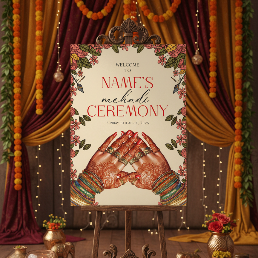 Decorative setup for a mehndi ceremony with floral hands design on a signboard.