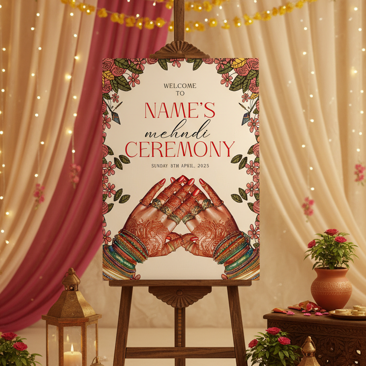 Decorated room with floral arrangements, lights, and a welcome sign for a mehndi ceremony.