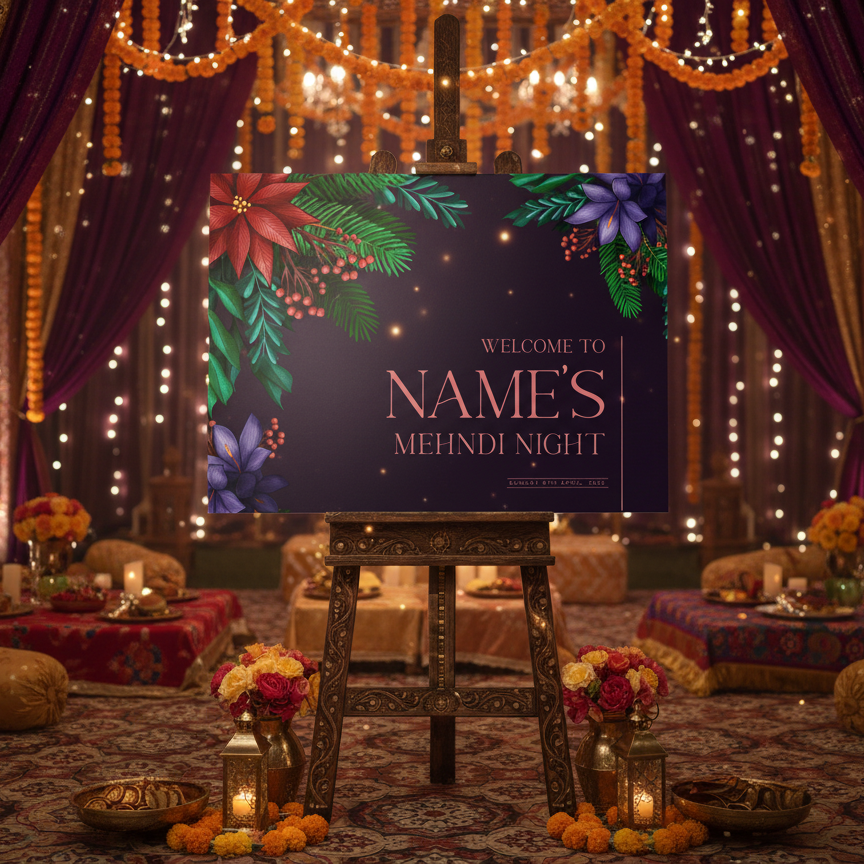 Decorative setup for a Mehndi night with a 'Welcome to NAME'S Mehndi Night' signboard.