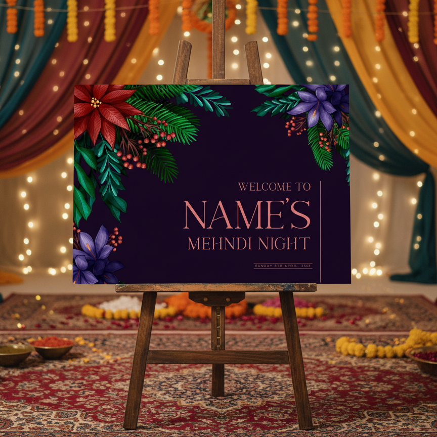 Decorative sign for a Mehndi night event with floral design on an easel.