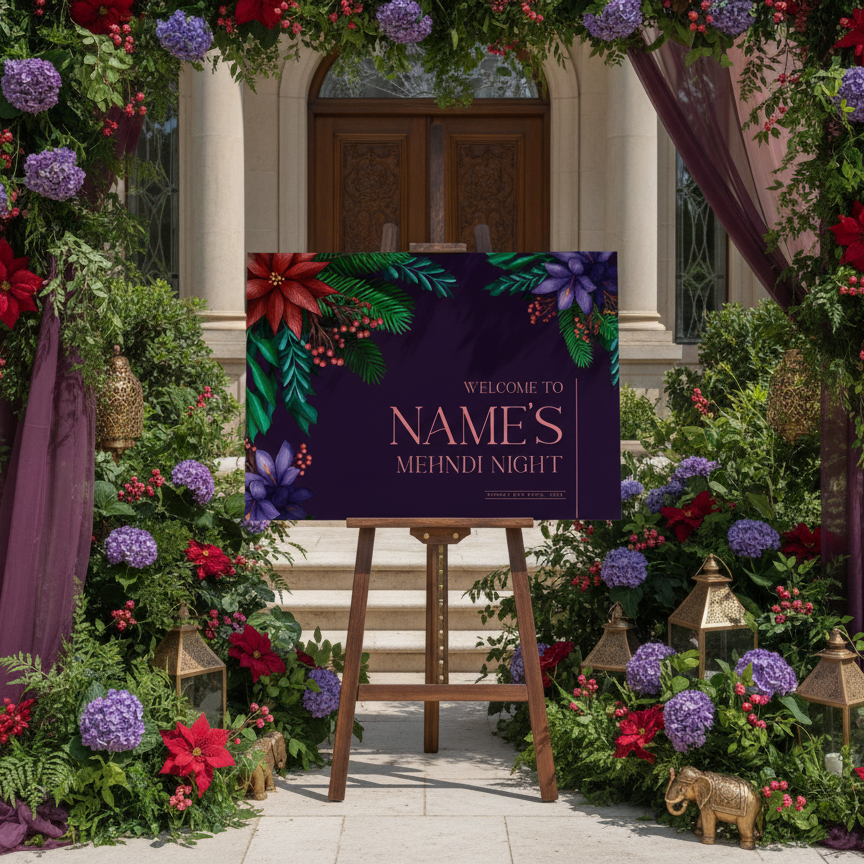 A personalized wedding sign reading 'WELCOME TO NAME'S MEHNDI NIGHT' displayed on a wooden easel, framed by an elaborate floral arch with purple flowers, red poinsettias, green foliage, and draped mauve fabric in front of a building entrance.