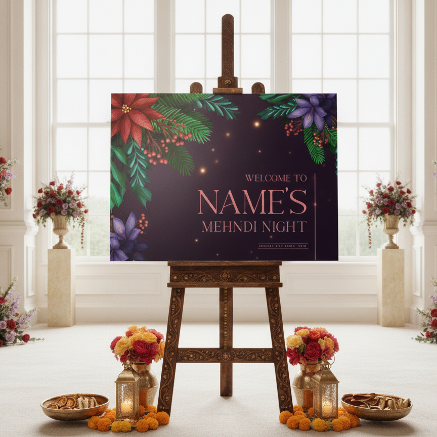 A decorative event sign reading 'WELCOME TO NAME'S MEHNDI NIGHT' displayed on a wooden easel in a bright indoor room. The sign has a dark purple background with floral illustrations in red, green, and purple.