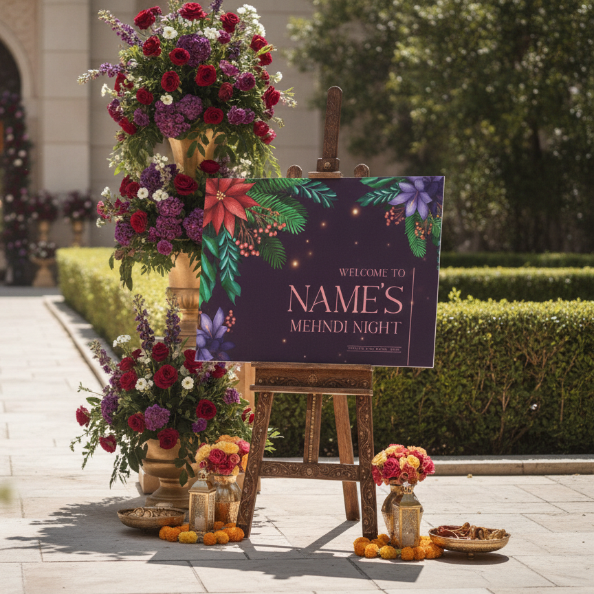 A decorative wedding sign reading 'WELCOME TO NAME'S MEHNDI NIGHT' displayed on a wooden easel outdoors, surrounded by tall floral arrangements in red, purple, and white, with small flower vases and orange marigold petals on a paved walkway.