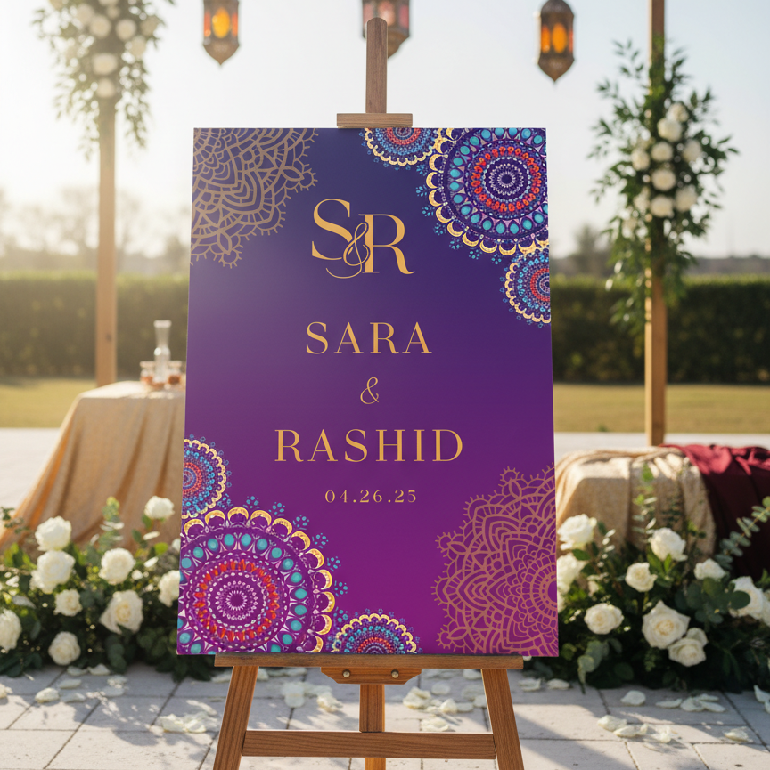 Decorative sign with 'Sara & Rashid' on a stand outdoors with floral arrangements and lanterns.