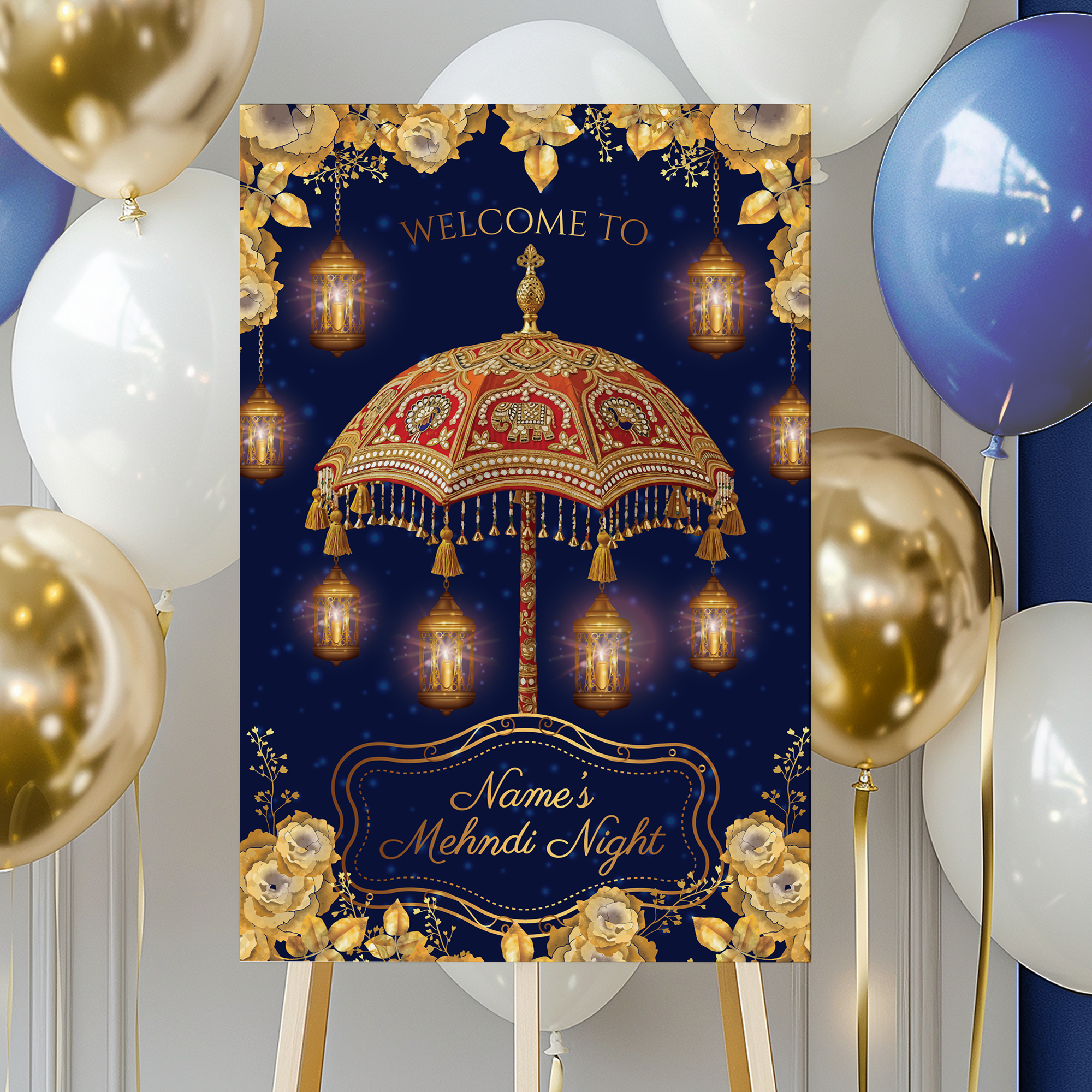 Decorative sign for a Mehndi Night with ornate umbrella design, surrounded by balloons.