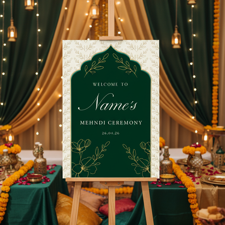 Decorated indoor setting with a 'Welcome to Name's Mehndi Ceremony' signboard.