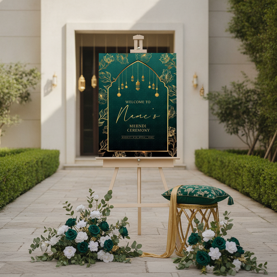 A styled wedding setup outdoors on a stone walkway in front of a building entrance, featuring a teal and gold welcome sign on an easel, a matching green cushioned stool with a gold draped throw, and floral arrangements with white and teal roses and greenery.