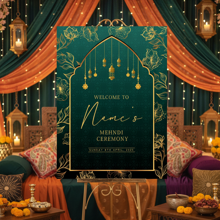 Decorative setup for a Mehndi ceremony with a green welcome sign and colorful drapes.