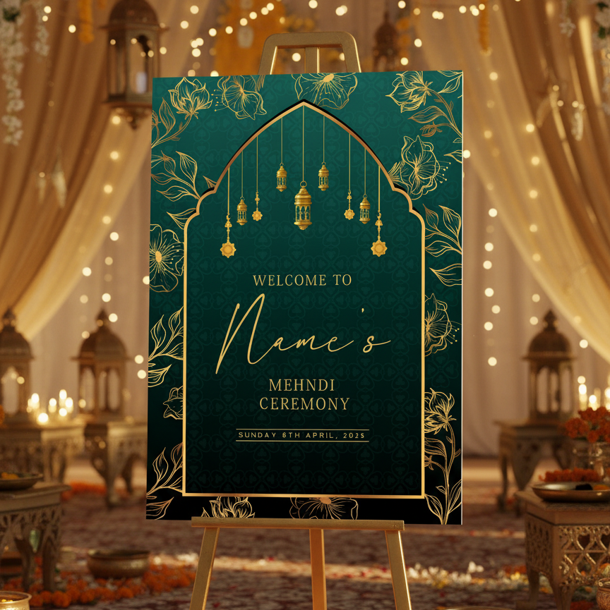 Decorative sign for a Mehndi ceremony with floral and arch design on an easel.