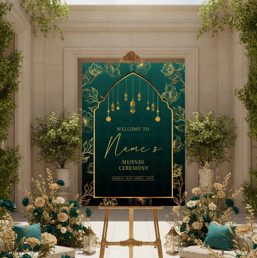 A decorative wedding sign for a Mehndi ceremony displayed on a gold easel in an elegant outdoor courtyard. The sign is dark teal with gold floral arch detailing, hanging lantern illustrations, and white script text reading 'Welcome to Name's Mehndi Ceremony.