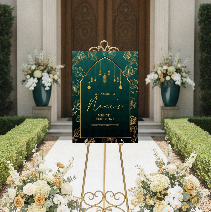 A decorative wedding welcome sign on a gold easel stand, placed outdoors in front of a grand wooden door. The sign is dark teal with gold floral and hanging ornament illustrations and reads 'Welcome to Name's Mehndi Ceremony.
