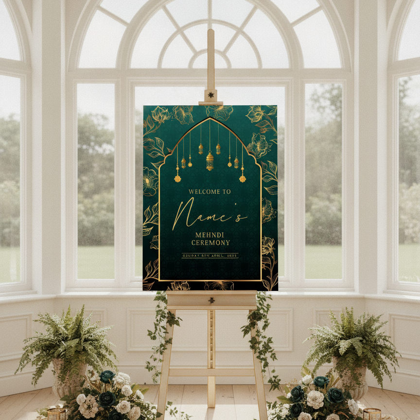 A decorative wedding sign reading 'Welcome to Name's Middle Ceremony' in gold lettering on a deep teal background with gold floral and hanging-globe motifs, displayed on an easel in a bright white arched room with floral arrangements below.