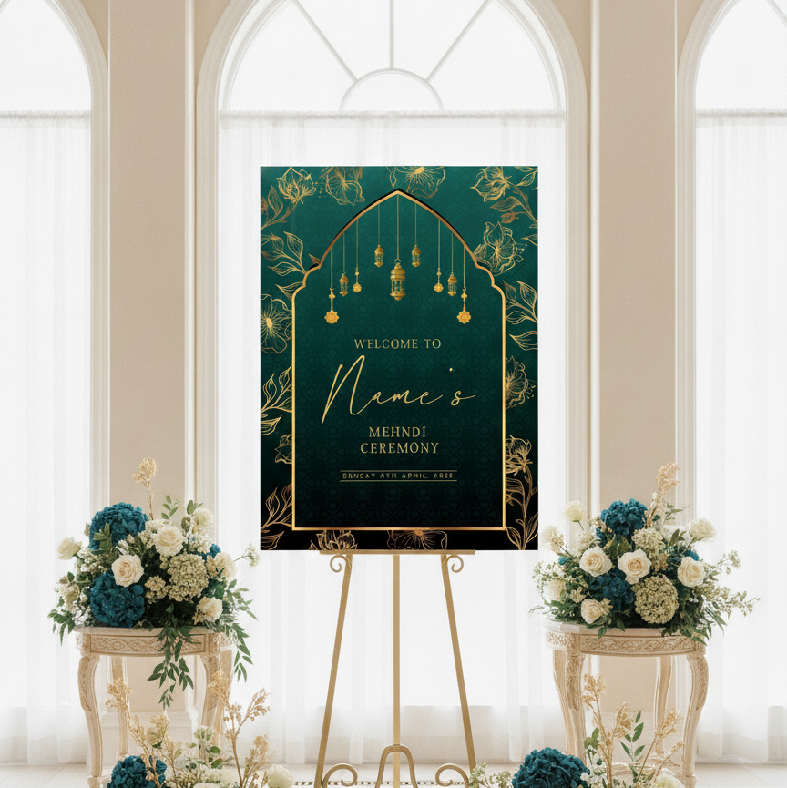 A decorative wedding sign reading 'Welcome to Name's Mehndi Ceremony' in gold script on a dark teal background with gold floral and hanging-globe motifs, displayed on a gold easel in a bright indoor venue with arched windows. Floral arrangements in teal, cream, and white surround the sign and stand on a polished floor.