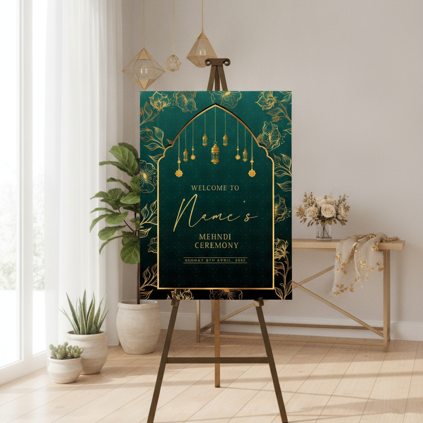 A decorative wedding sign for a Mehndi ceremony displayed on a wooden easel in a bright, modern room. The sign features a dark teal background with gold floral patterns, hanging lantern illustrations, and elegant gold script text reading 'Welcome to Name's Mehndi Ceremony'.