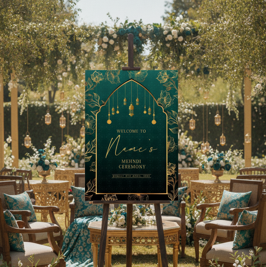 A decorative wedding welcome sign on an easel in an outdoor garden ceremony setting. The sign is dark teal with gold floral arch detailing and gold script text reading 'Welcome to Name's Wedding Ceremony' with the date '2026 April 20th'.