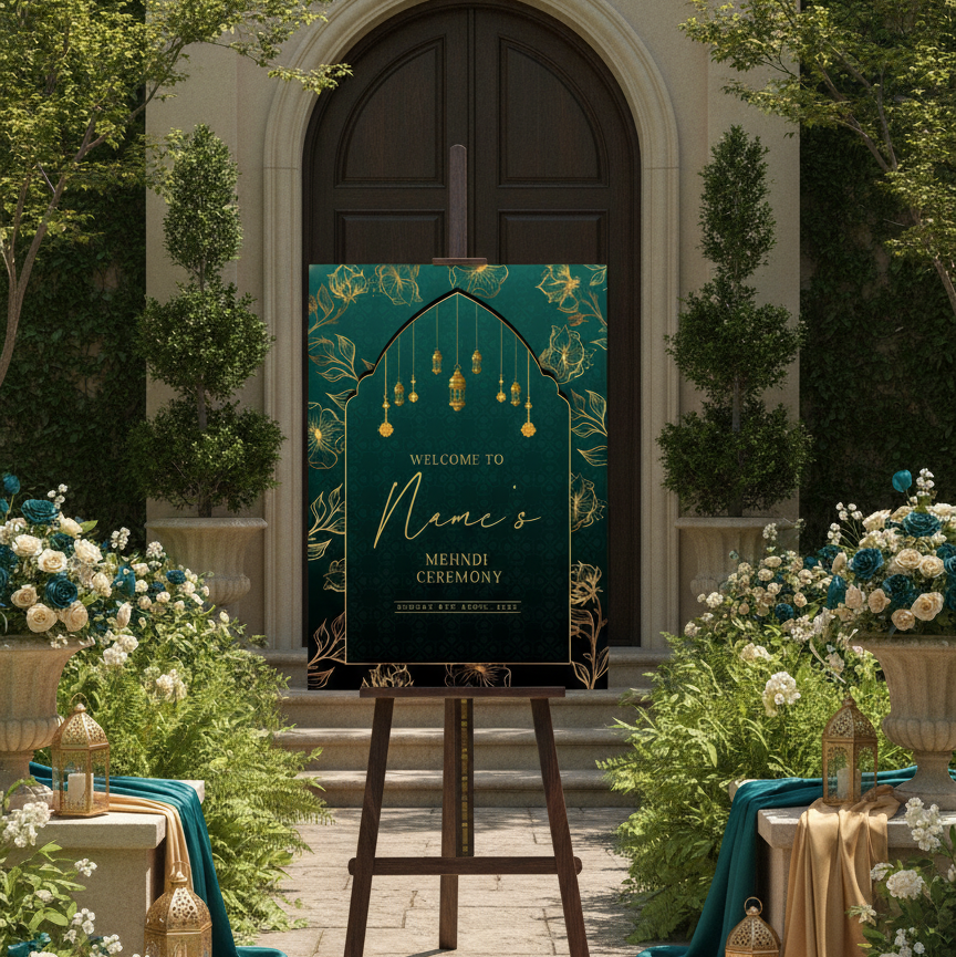 A vertical wedding sign with a deep teal background, gold floral patterns, and gold script text reading 'Welcome to Name's Mehndi Ceremony' displayed on a wooden easel in an outdoor garden courtyard.