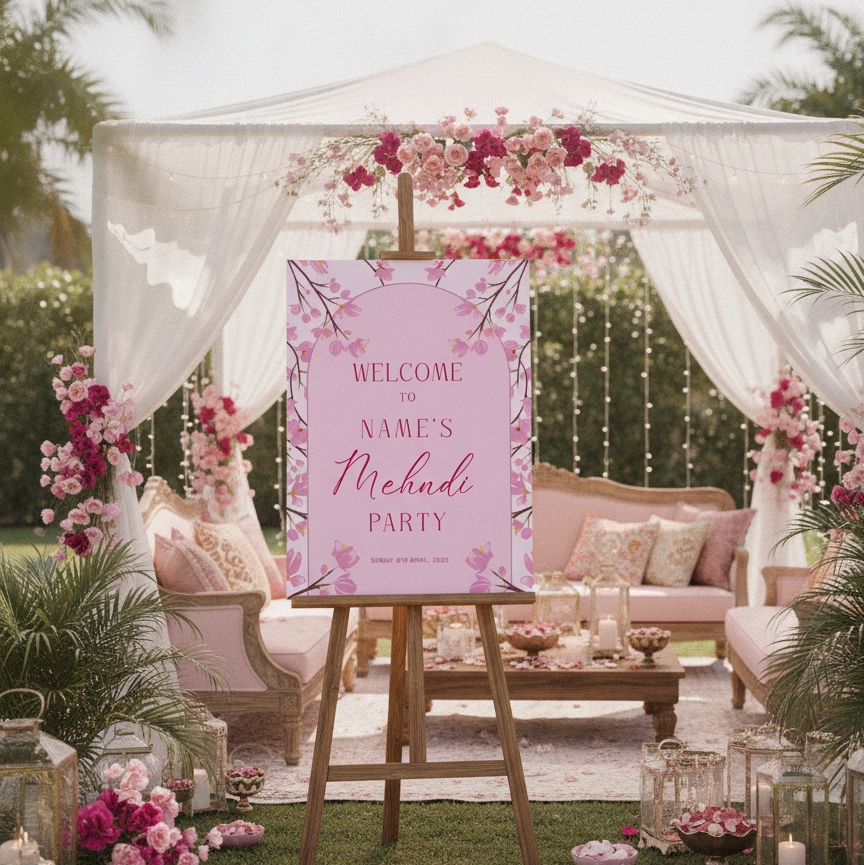 A pink personalized event sign reading 'Welcome to Name's Mehndi Party' displayed on a wooden easel in an outdoor garden setup under a white draped canopy with floral decorations and seating.