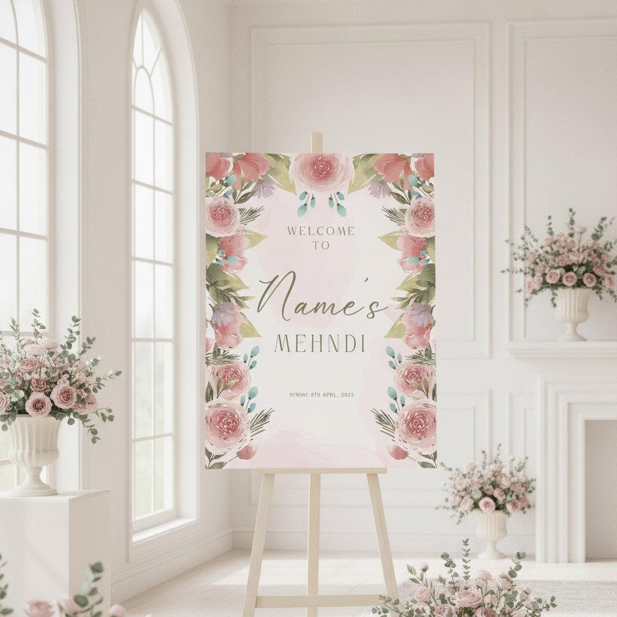 A personalized wedding sign with a pink floral border and the text 'Welcome to Name's Mehndi' displayed on a wooden easel in a bright, elegant white room decorated with pink rose bouquets.